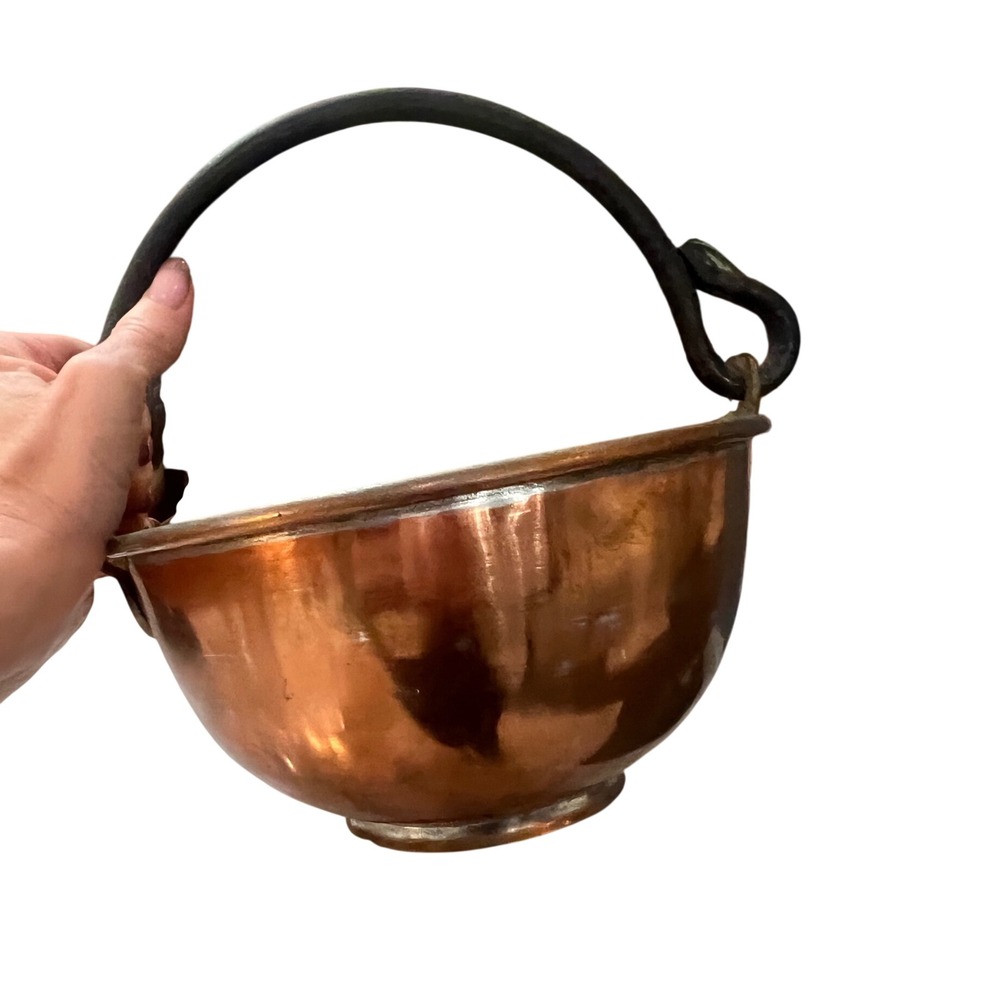 Vintage Copper Cauldron Pot Wrought Iron Handle Rustic Planter Hearth Decor 8in
